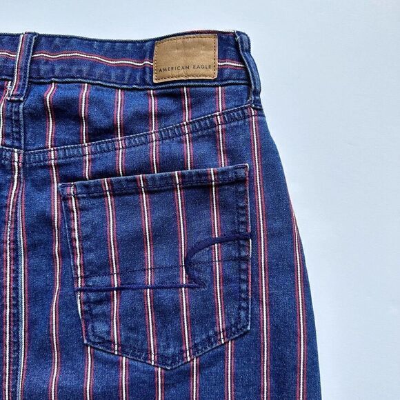 American Eagle Hi-Rise Mini Skirt Jean Stretch Blue Red Stripe Size 6 - Picture 4 of 9